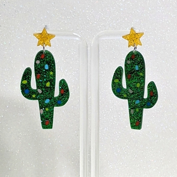 Jewelry - Cactus Christmas Decoration Multi Color Bulbs Glitter Drop Earrings
